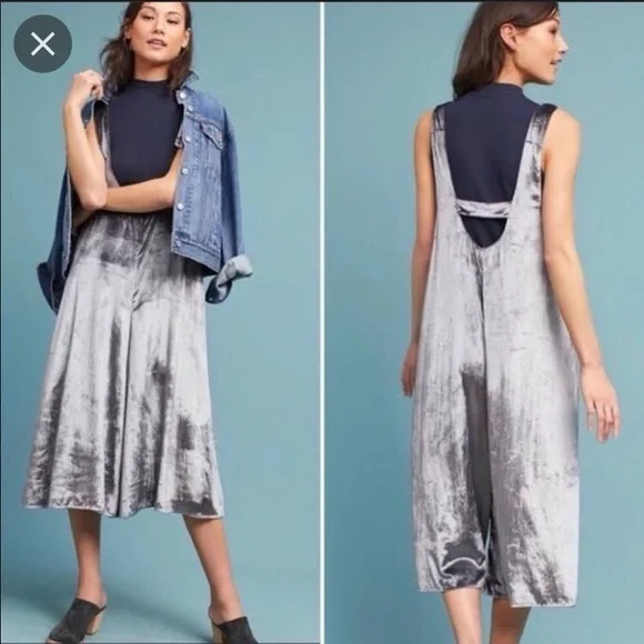 Anthropologie Maeve Velvet Cropped Wide Leg Jumpsuit Overalls Silver Size XS - Picture 1 of 8